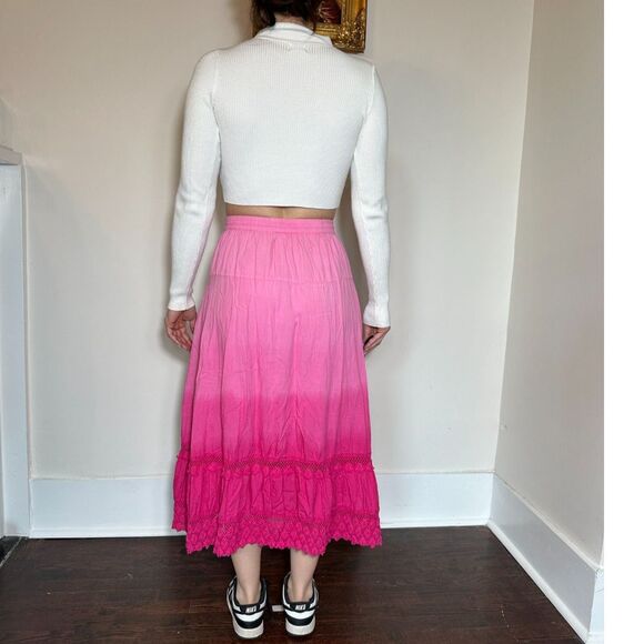 Vintage 100% Cotton Bohemian Pink Ombre Midi Skirt Size Small - Picture 4 of 6